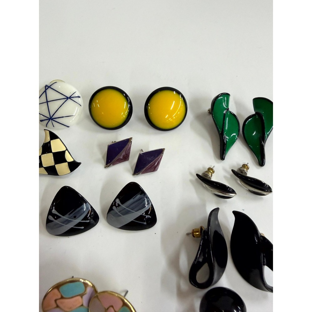 Vintage 1990s Geometric Earring Lot 14 Pairs Enamel Resin Retro Abstract Post - Picture 3 of 10